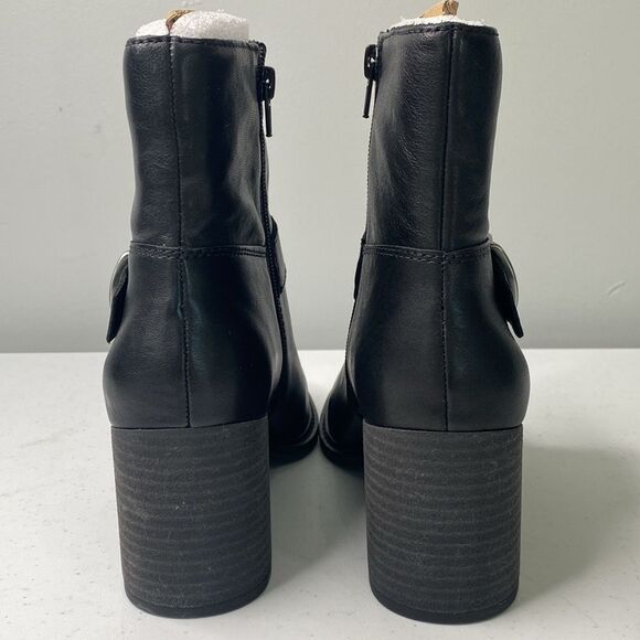 Lucky Brand Achelle Black Leather Bootie Silver Buckle Stacked Block Heel Zipper - Picture 3 of 15
